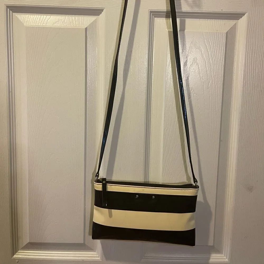 Kate Spade patent Black and Cream Striped small Crossbody Bag.